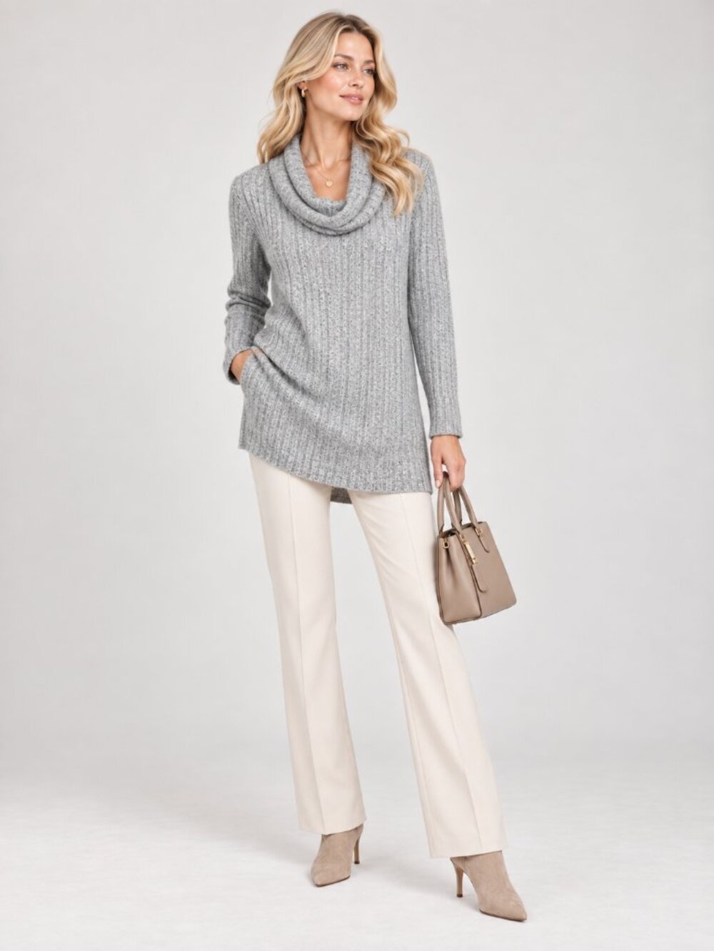 NWT White House Black Market Sweater S Cowl Neck Banded Tunic Gray Cozy